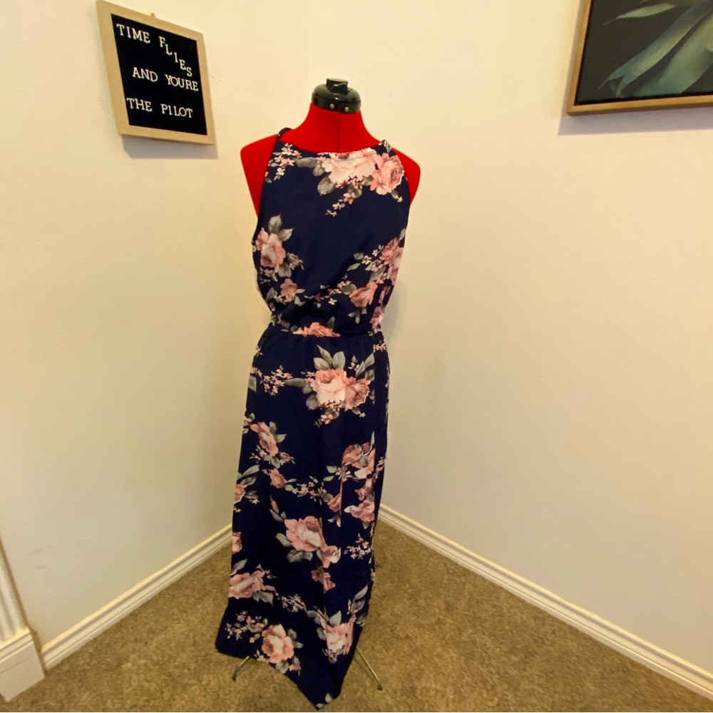 Floerns Halter Maxi Floral Dress, Size Medium, navy blue and pink